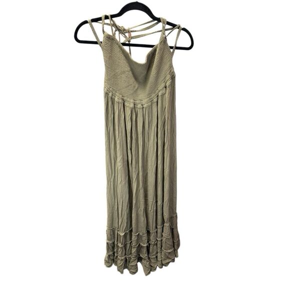 Free People Smocked Maxi Dress XL Olive Khaki Boho Gauze Summer Beach Vacation - Picture 7 of 12